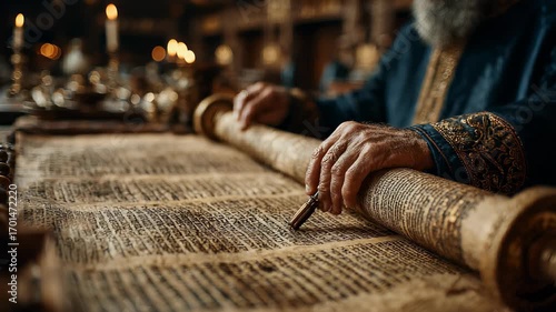 Elderly Scribe Carefully Unrolling and Reading an Ancient Scroll with Calligraphy in a Dimly Lit, Historical Setting