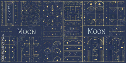 Elegant art deco celestial patterns featuring the word moon in gold and deep blue