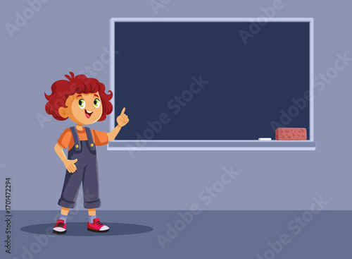 Smart Student Pointing at the Blackboard Vector Illustration. Clever schoolboy making a compelling presentation in communication class 