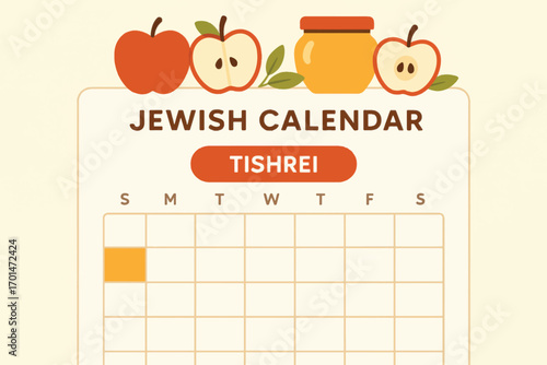 Vector calendar layout with apples, honey and jar, themed for Tishrei month and Rosh Hashanah, flat clean vector illustration.