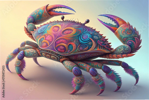 Intricate Colorful Psychedelic Crab Digital Art With Vibrant Surreal Patterns 