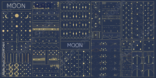 Celestial moon and star patterns with gold accents on a dark blue background