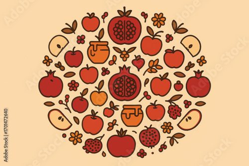 Mandala style vector artwork with apples, pomegranates and honey elements arranged in circular decorative symmetry for Rosh Hashanah.