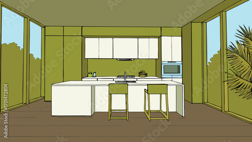 Modern kitchen interior with island and stools offering a bright, inviting space for cooking and gathering with an elegant design aesthetic