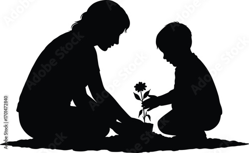 Silhouette of mother and child planting flower together in soil, nurturing growth, family bonding, gardening activity, love, care, and nature connection
