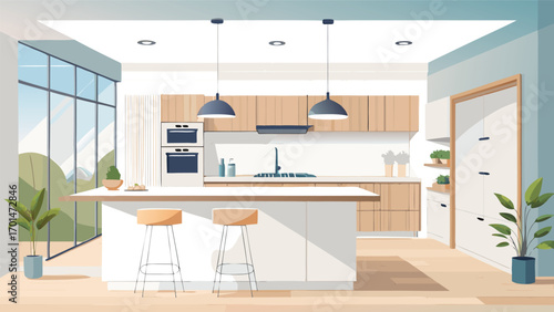 Visualize your dream kitchen with this bright, modern interior featuring sleek cabinetry, a central island, and sunlit window views for home design inspiration