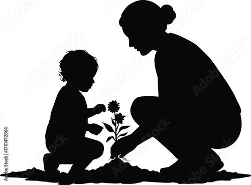 Silhouette of mother and child planting flower together in soil, nurturing nature, bonding, gardening activity, family love and growth concept