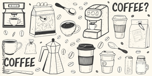 Hand drawn coffee elements collection featuring machines cups beans and brewing devices