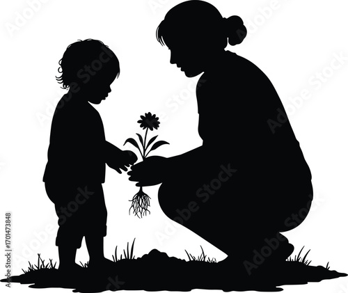 Silhouette of mother teaching child to plant flower with roots in soil, nurturing growth, family bonding, gardening, nature, and care concept