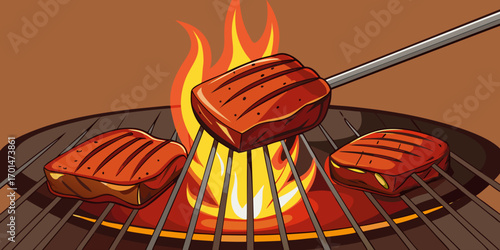 Beef steaks atop a grill, infused with flames and smoke, epitomizing the art of grilling and the joy of outdoor cooking during vibrant summer gatherings and .