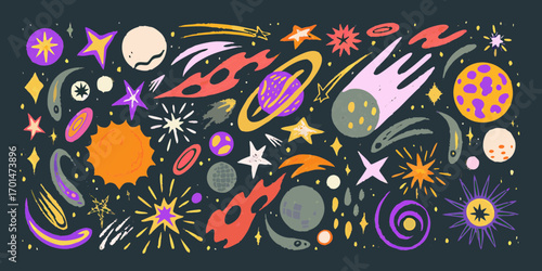 Whimsical hand drawn space elements featuring planets stars comets and rockets in vibrant colors