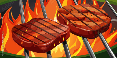 Beef steaks atop a grill, infused with flames and smoke, epitomizing the art of grilling and the joy of outdoor cooking during vibrant summer gatherings and .