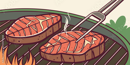 Beef steaks atop a grill, infused with flames and smoke, epitomizing the art of grilling and the joy of outdoor cooking during vibrant summer gatherings and .
