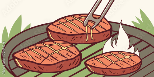 Beef steaks atop a grill, infused with flames and smoke, epitomizing the art of grilling and the joy of outdoor cooking during vibrant summer gatherings and .