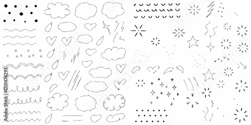 Collection of hand drawn doodle elements including clouds hearts stars lightning bolts waves dots and sparkle effects