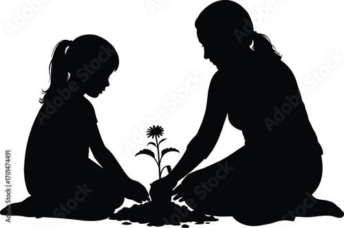 Silhouette of mother and daughter planting flower in soil together, nurturing nature, family bonding, gardening activity, love, care, and growth concept