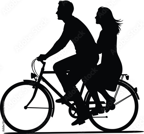 Silhouette of romantic couple riding bicycle together, man cycling with woman sitting behind, black vector illustration isolated on white background.