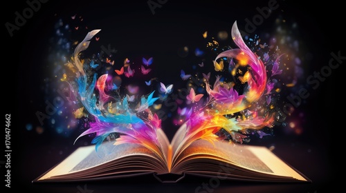 Open book with colorful butterflies flying out