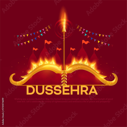 Happy Dussehra festival of India poster design. Lord Rama killing Ravana. Creative vector illustration with bow and arrow.