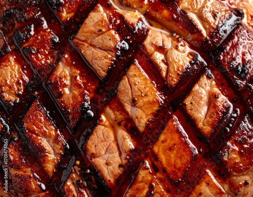 Close Up of Roasted Ham with Diamond Pattern and Glazed Texture Rich Brown Colors