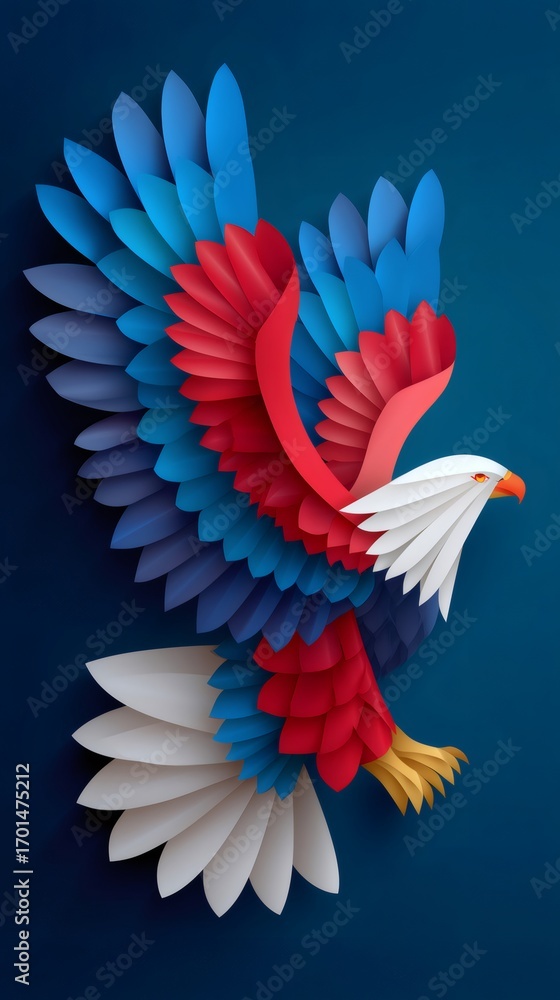 Fototapeta premium Bald eagle with American flag colors paper art style