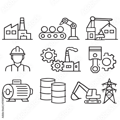 Industry line icon set. Featuring production, manufacturing, construction, engineering, industrial, engine vector