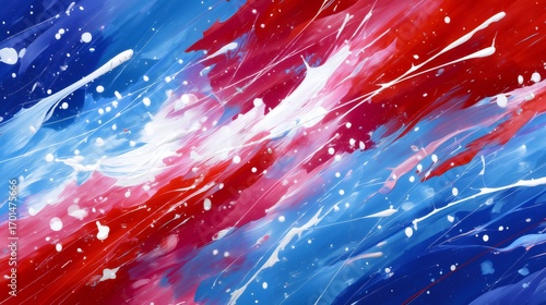 Red, white and blue abstract paint splatter background