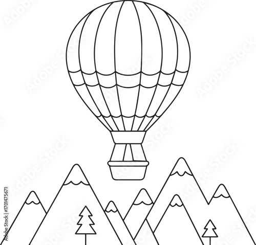Hot Air Balloon Flying Over Scenic Mountains - A Simple and Minimalist Coloring Page