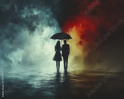 A couple silhouetted under an umbrella stands in a dramatic contrast of storm and light reflecting their emotional journey