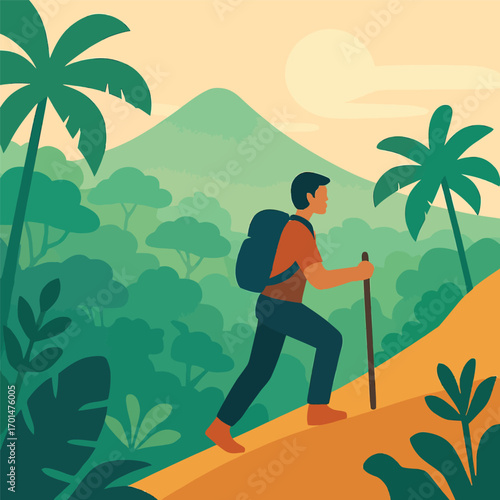 A man with a backpack and a walking stick hikes up a lush green mountain trail surrounded by palm trees and tropical foliage.