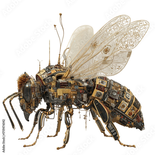 A detailed robotic bee sculpture with intricate mechanical parts.
