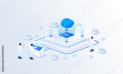 Artificial intelligence brain isometric vector illustration. Machine learning analyzing, digital laboratory, and innovation technology concept, AI systems landing page template.