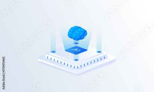 Artificial intelligence brain hologram isometric vector illustration. Machine learning processor, neural network, and innovation technology concept, AI systems landing page template.