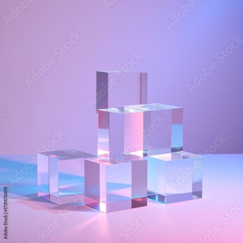 Translucent Cubes Stacked on Pink Surface with Soft Purple and Blue Lighting