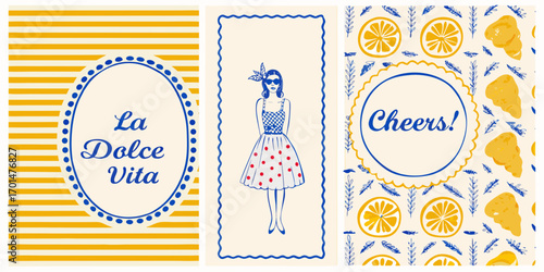 Charming italian inspired illustrations featuring la dolce vita phrase and a stylish woman