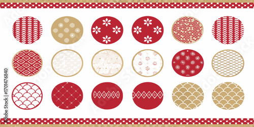 Collection of decorative round japanese patterns and borders in red and gold tones