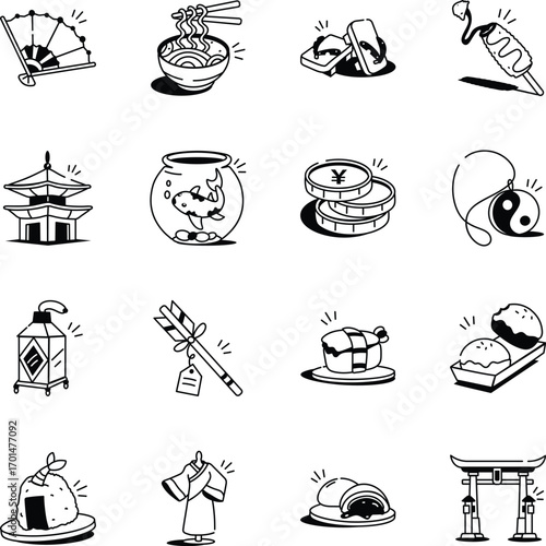 Collection of Japanese Doodle Style Icons 
