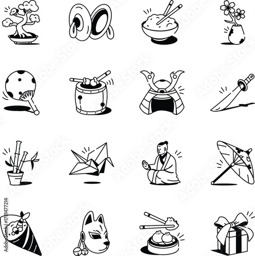 Pack of Japanese Culture Doodle Style Icons 

