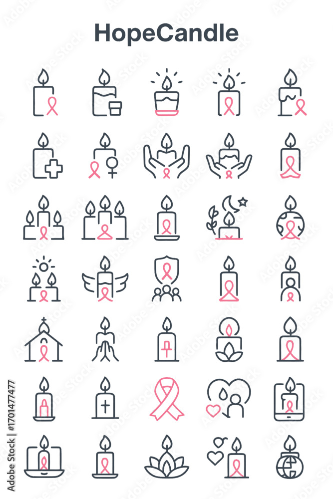 Fototapeta premium Set of thin line icons with hands holding a pink ribbon, symbolizing hope and support for breast cancer awareness month