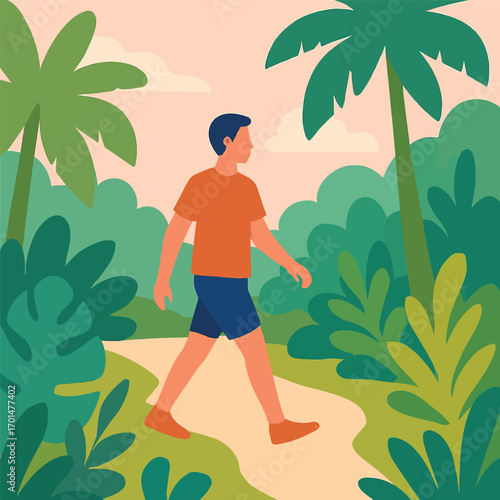A man in an orange shirt and blue shorts walks along a path in a vibrant tropical jungle illustration.