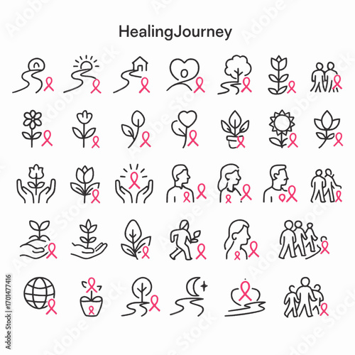 Comprehensive line icon set for breast cancer awareness campaigns, featuring pink ribbon symbols on merchandise for charity and support