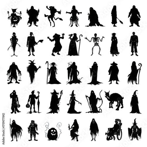 A diverse collection of spooky Halloween character silhouettes.