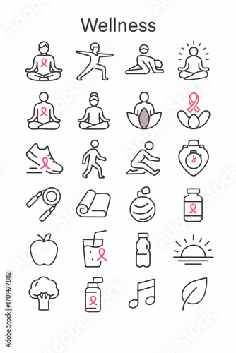 Set of thin line icons for wellness, fitness, and health, promoting breast cancer awareness and a supportive lifestyle