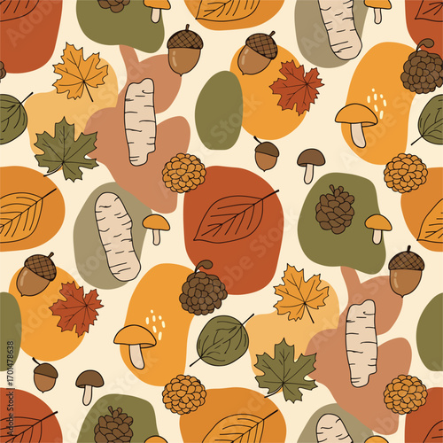 Autumn themed seamless pattern featuring leaves, acorns, mushrooms and abstract shapes, seamless pattern, royalty free stock.