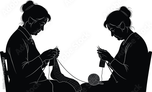 Silhouette of Two Elderly Women Knitting Together, Sharing Yarn and Moments, Peaceful Crafting Scene, Creative Hobby Illustration