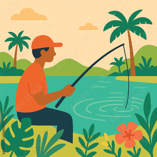 Man fishing in a tropical paradise.
