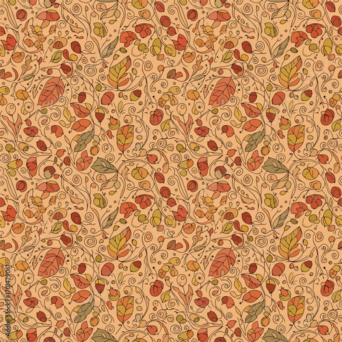 Autumn seamless pattern with falling leaves, acorns, swirls and nature elements, seamless pattern, royalty free stock.