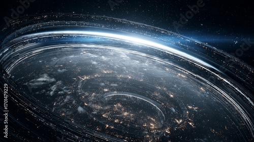 Fototapeta Naklejka Na Ścianę i Meble -  Futuristic space colony on ring-shaped space station with glowing atmosphere, high-resolution sci-fi concept art.