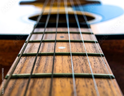 Close-up acoustic guitar neck, strings, and fretboard