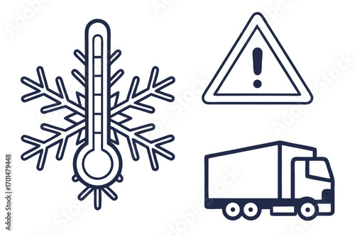 Cold storage solid icons: thermometer, snowflake, refrigerated truck, warning symbol